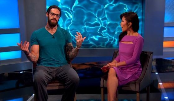 Austin Matelson talks with Julie Chen outside BB17