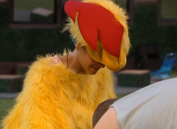 GinaMarie tries on the chicken suit 01