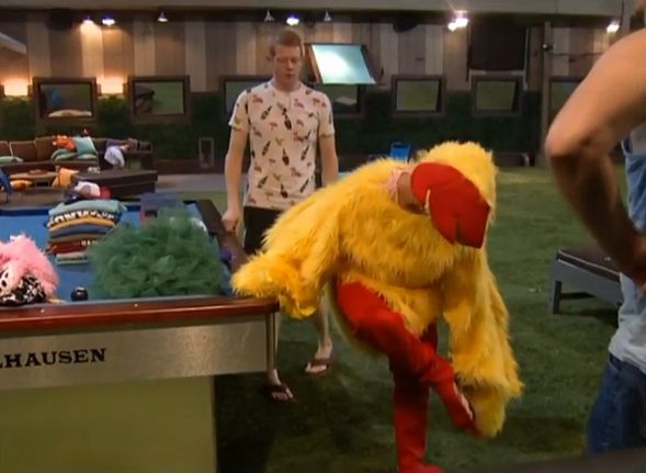 GinaMarie tries on the chicken suit 02